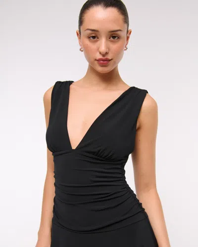 Abercrombie & Fitch Plunge Ruched Knit Midi Dress In Black