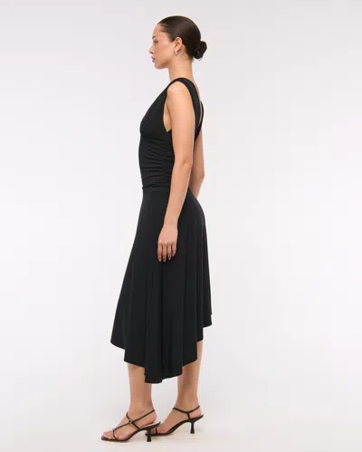 Abercrombie & Fitch Plunge Ruched Knit Midi Dress In Black