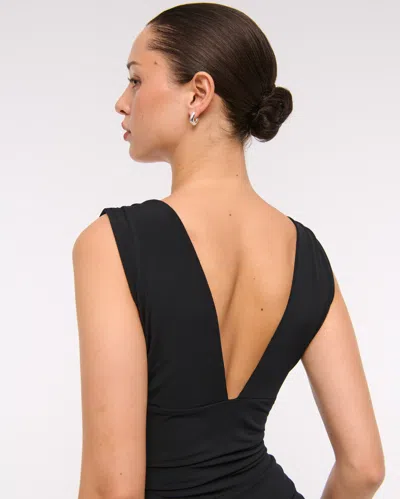 Abercrombie & Fitch Plunge Ruched Knit Midi Dress In Black