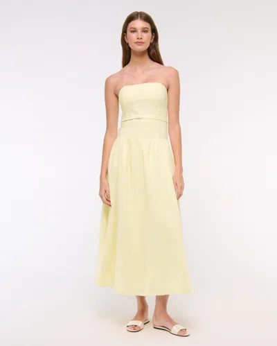 Abercrombie & Fitch Premium Linen Drop-waist Belted Midi Dress In Yellow