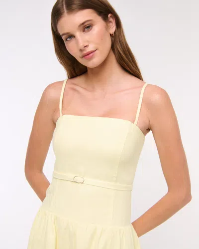 Abercrombie & Fitch Premium Linen Drop-waist Belted Midi Dress In Yellow