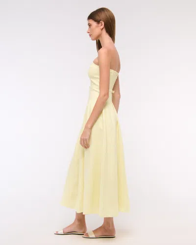 Abercrombie & Fitch Premium Linen Drop-waist Belted Midi Dress In Yellow