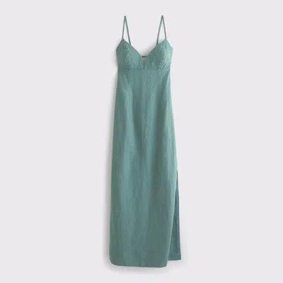 Abercrombie & Fitch Premium Linen Cutout Midi Dress In Green