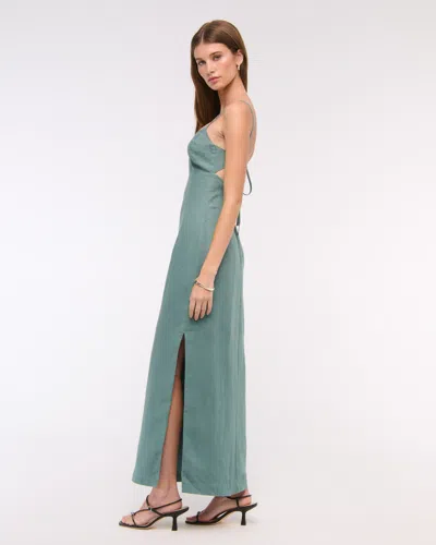 Abercrombie & Fitch Premium Linen Cutout Midi Dress In Green