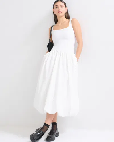 Abercrombie & Fitch Mixed Fabric Bubble Hem Midi Dress In White