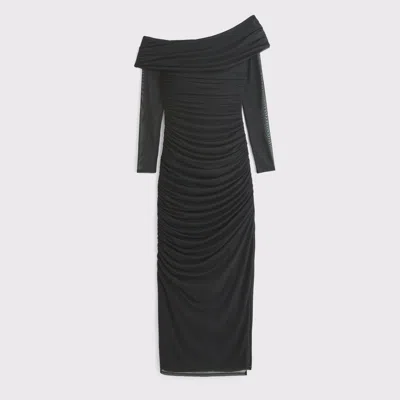 Abercrombie & Fitch Long-sleeve Mesh Asymmetrical Draped Maxi Dress In Black