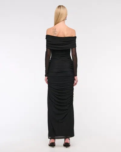 Abercrombie & Fitch Long-sleeve Mesh Asymmetrical Draped Maxi Dress In Black