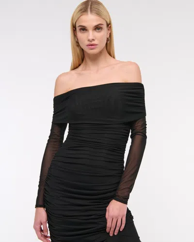 Abercrombie & Fitch Long-sleeve Mesh Asymmetrical Draped Maxi Dress In Black