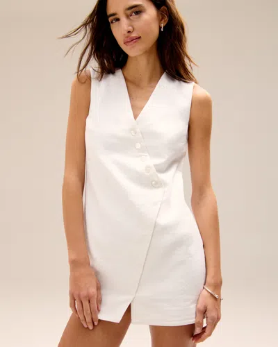 Abercrombie & Fitch Linen-blend V-neck Button Mini Dress In White