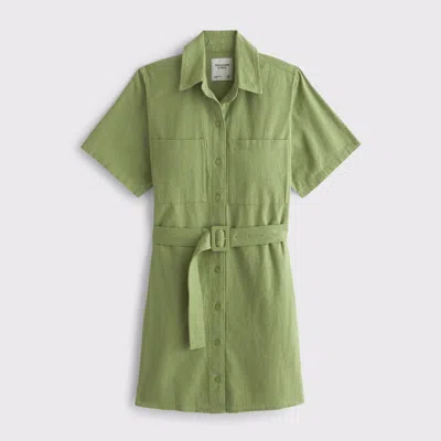 Abercrombie & Fitch Belted Linen-blend Mini Shirt Dress In Green