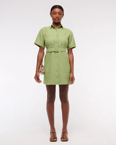 Abercrombie & Fitch Belted Linen-blend Mini Shirt Dress In Green