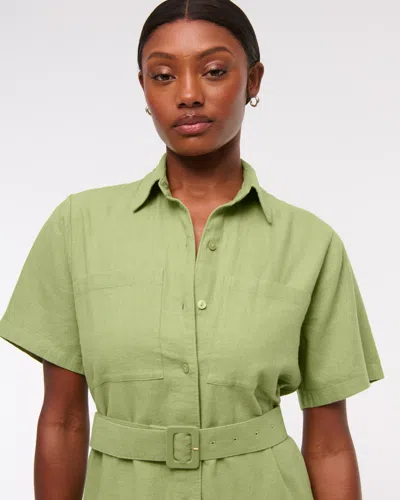 Abercrombie & Fitch Belted Linen-blend Mini Shirt Dress In Green