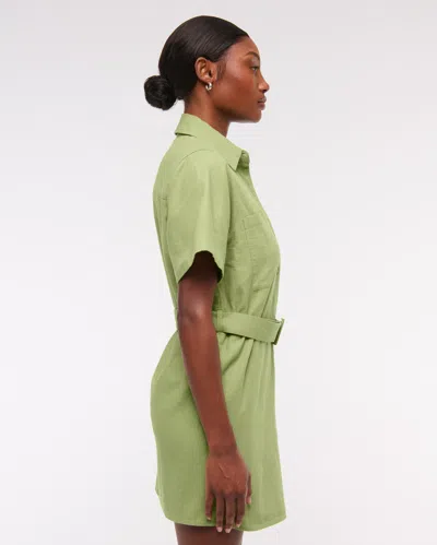 Abercrombie & Fitch Belted Linen-blend Mini Shirt Dress In Green
