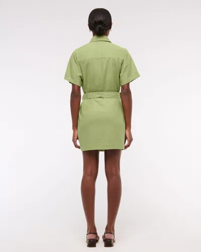 Abercrombie & Fitch Belted Linen-blend Mini Shirt Dress In Green