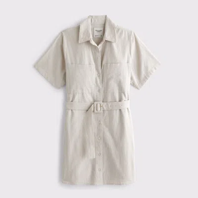 Abercrombie & Fitch Belted Linen-blend Mini Shirt Dress In Sand