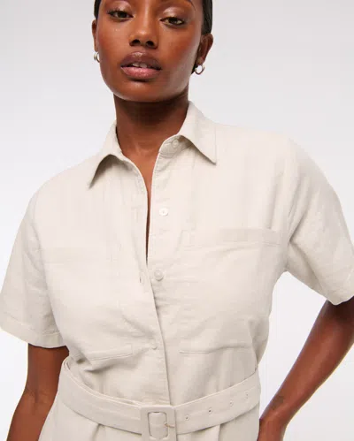 Abercrombie & Fitch Belted Linen-blend Mini Shirt Dress In Sand