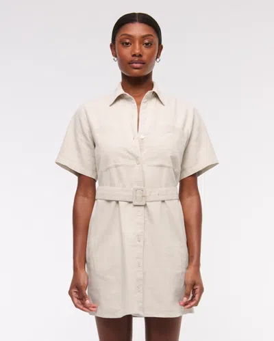 Abercrombie & Fitch Belted Linen-blend Mini Shirt Dress In Sand