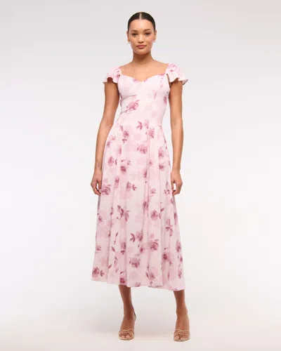 Abercrombie & Fitch Flutter Sleeve Midi Dress In Pink