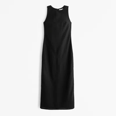 Abercrombie & Fitch High-neck Linen-blend Maxi Dress In Black