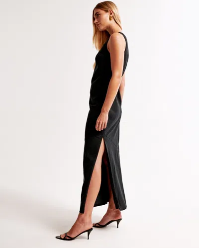Abercrombie & Fitch High-neck Linen-blend Maxi Dress In Black