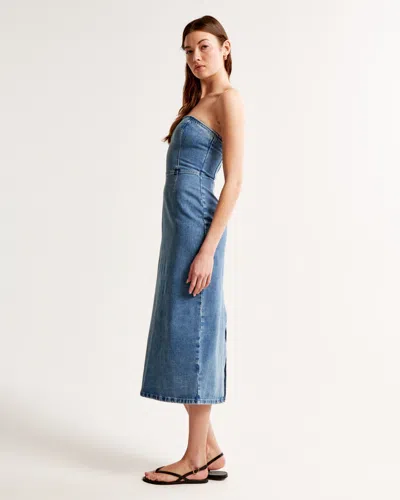 Abercrombie & Fitch Strapless Denim Midi Dress In Blue