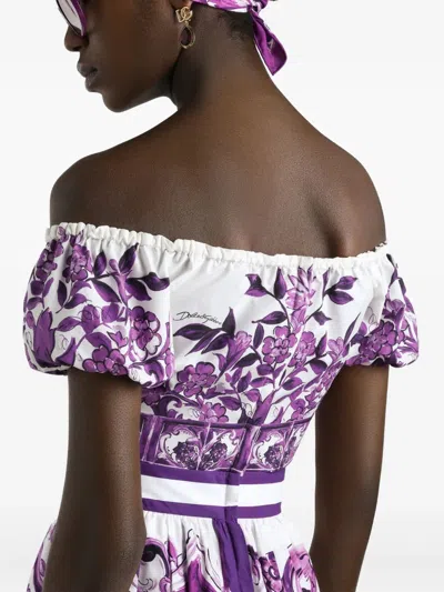 Dolce & Gabbana Majolica Off Shoulder Cropped Top Knot Detail In Purple