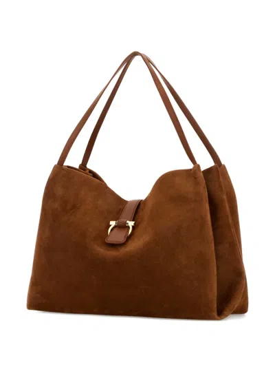 Ferragamo Brown Shoulder Bag With Two Top Handles And Gancini Plaque On The Front In Suede Woman