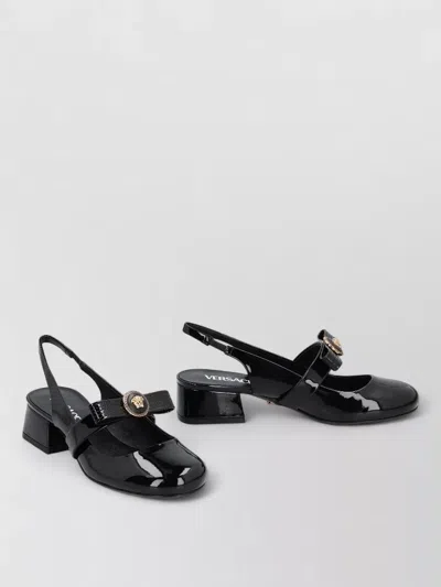 Versace Black Ballerina Shoes With Heel And Medusa Detail On The Front In Shiny Leather Woman In Black