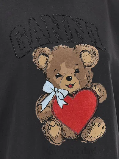 Ganni Crewneck Sweatshirt Bear Graphic Rhinestones Message In Black