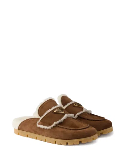 Prada Shearling Logo-plaque Mules In Multi
