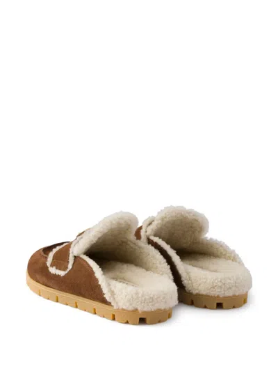 Prada Shearling Logo-plaque Mules In Multi
