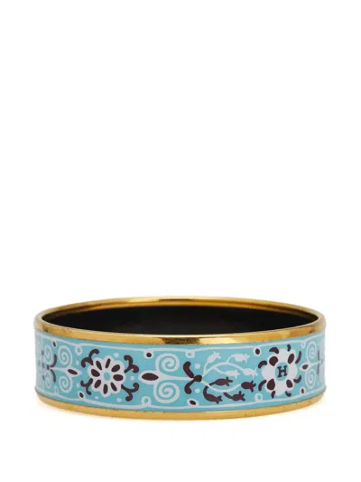 Pre-owned Hermes 20th Century Wide Petits Chevaux De Hongrie Enamel Bangle 62 Costume Bracelet In Blue