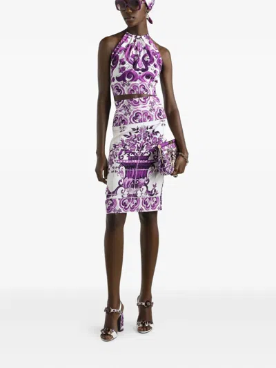 Dolce & Gabbana Stretch Silk Halter Neck Graphic Print Top In Purple