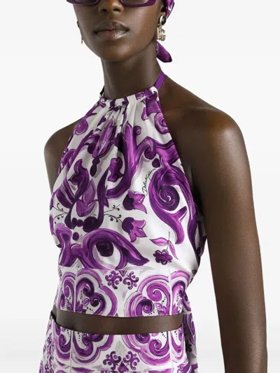 Dolce & Gabbana Stretch Silk Halter Neck Graphic Print Top In Purple