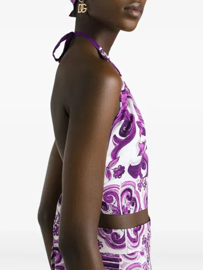 Dolce & Gabbana Stretch Silk Halter Neck Graphic Print Top In Purple