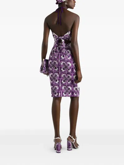 Dolce & Gabbana Stretch Silk Halter Neck Graphic Print Top In Purple
