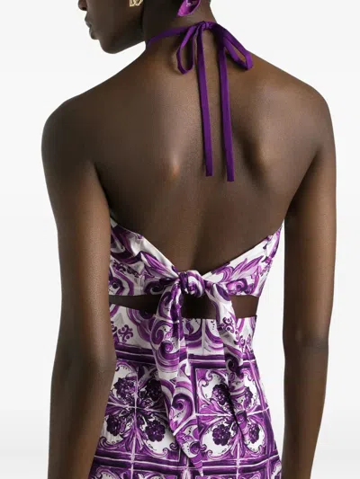 Dolce & Gabbana Stretch Silk Halter Neck Graphic Print Top In Purple