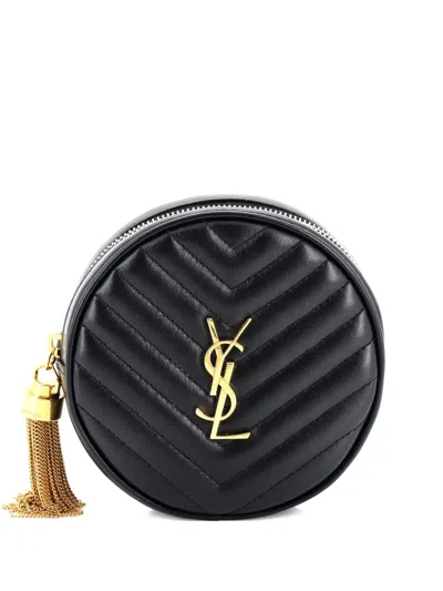 Pre-owned Saint Laurent Vinyle Round Matelasse Chevron Leather Baby Belt Bag In Black