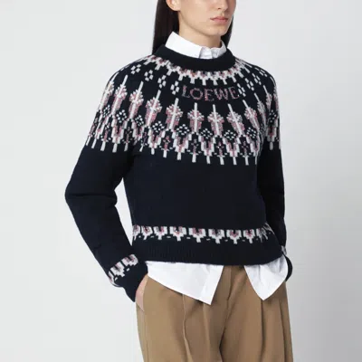 Loewe Stretch Wool Blend Sweater With Patterned Design In Blue