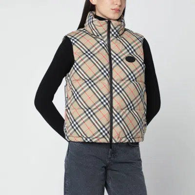 Burberry Check-pattern Padded Gilet With Zip In Sand