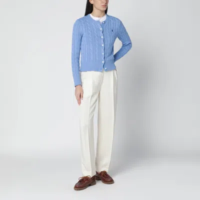 Polo Ralph Lauren Blue Crewneck Cable Knit Cardigan With Pony Embroidery On The Front In Cotton Woman In Blue