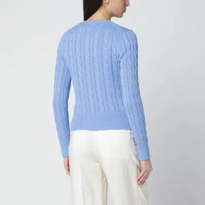 Polo Ralph Lauren Blue Crewneck Cable Knit Cardigan With Pony Embroidery On The Front In Cotton Woman In Blue