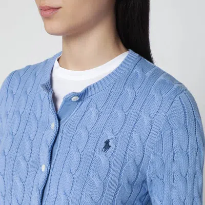 Polo Ralph Lauren Blue Crewneck Cable Knit Cardigan With Pony Embroidery On The Front In Cotton Woman In Blue