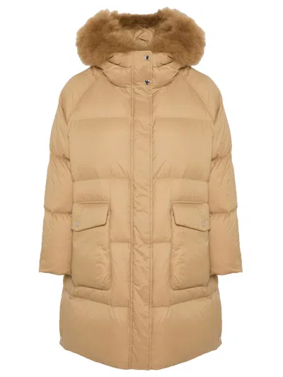 Yves Salomon Long Down Jacket With Raglan Sleeves And Fluffy Lambswool Trim In Brown