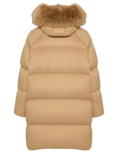Yves Salomon Long Down Jacket With Raglan Sleeves And Fluffy Lambswool Trim In Brown
