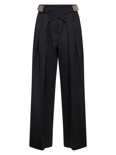 Attico Black Virgin Wool Tailored Trousers With Logo Buckles In Black