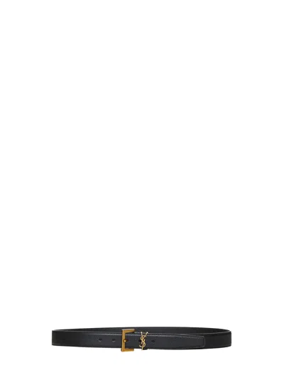 Saint Laurent Cassandre Belt With Square Buckle In Smooth Leather In Black