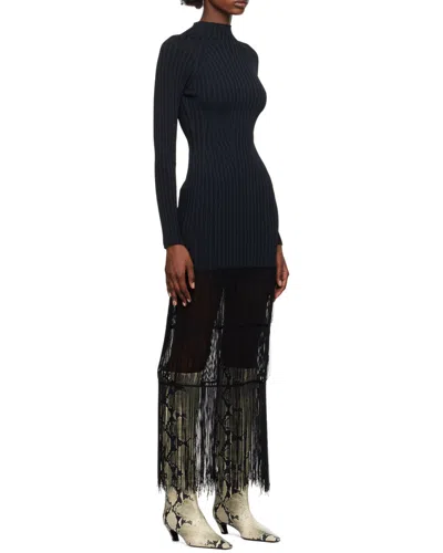 Khaite Cedar High Neck Fringed Dress In Black