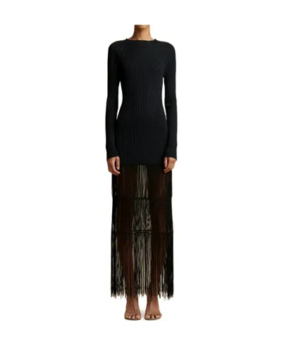 Khaite Cedar High Neck Fringed Dress In Black