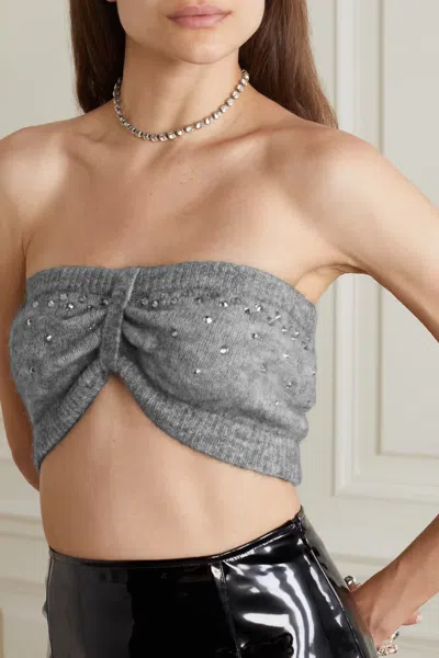 Alessandra Rich Crystal Embellished Knitted Short Tube Top In Gray